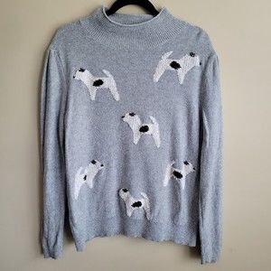 Loft Womens Sweater Size XL Mock Neck Gray Knit Embroidered Puppy Dogs